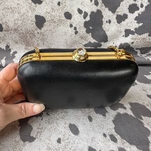 Vintage Nordstrom Mini Black Leather Clutch Evening Crossbody Bag Metal Chain